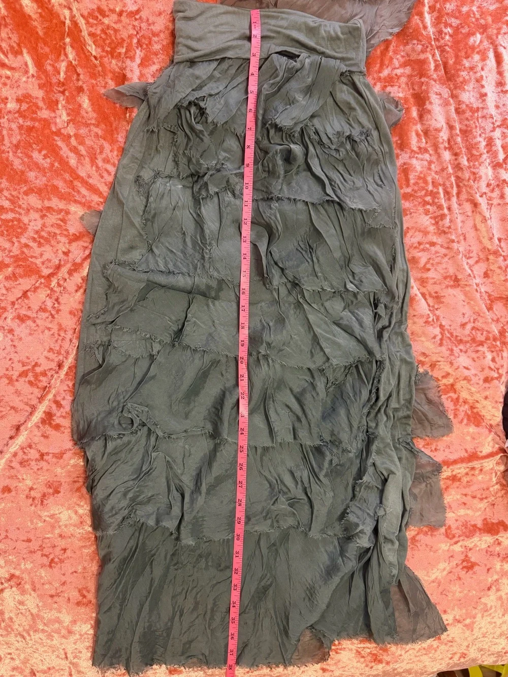 Vintage Made in Italy Silk Tiered Ruffle Maxi Skirt - Olive Green - Small